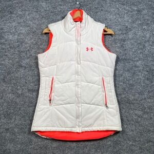 Under Armour Womens White Neon Orange Puffer Vest Semi-Fitted 1221660 Small